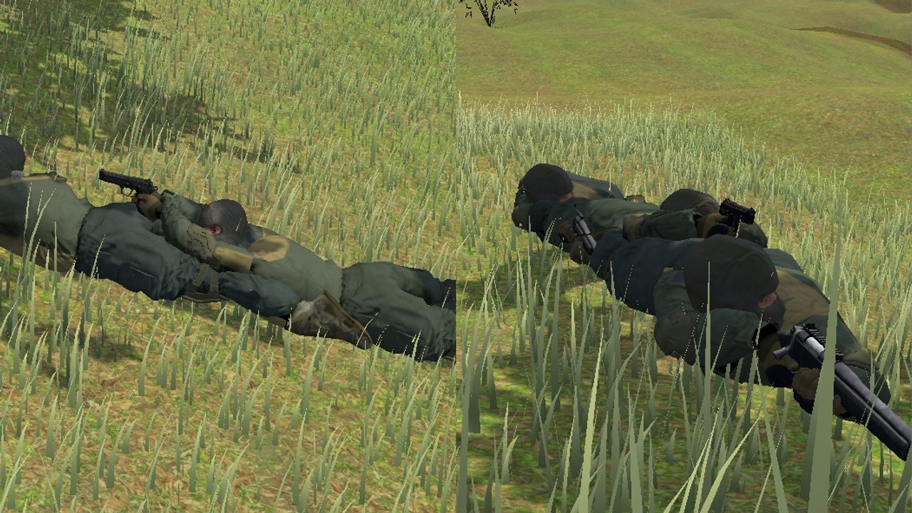 A player lying in the grass on a slope with a pistol, and another with a rifle