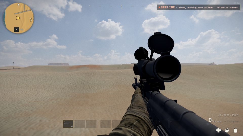 An AK held at the hip with a PSO scope mounted on top
