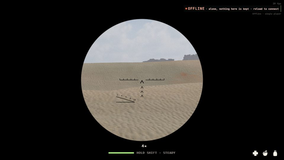 The view through the PSO scope at 4x: its chevrons and range lines over the desert