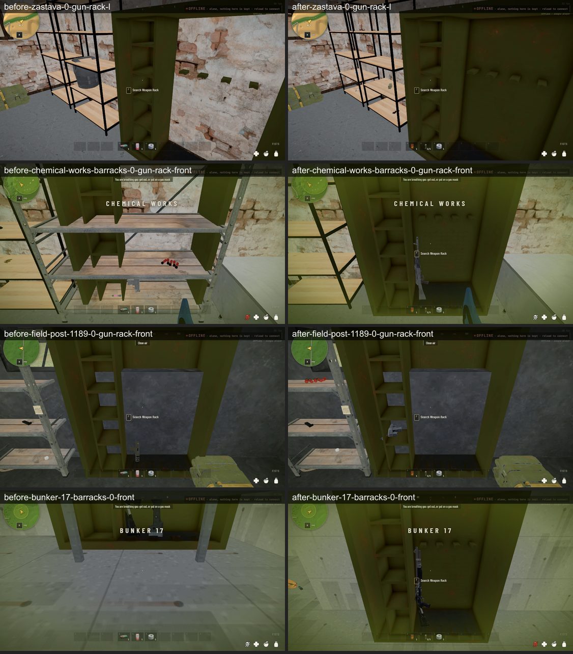 Gun racks in a Chemical Works barracks and a field post, before through the wall and after standing against it
