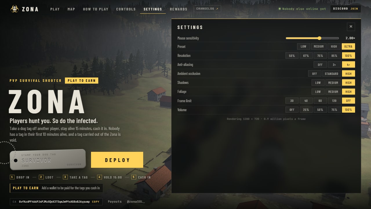 The Settings sheet of the menu with a slider at its head: mouse sensitivity, set to 2.00 times