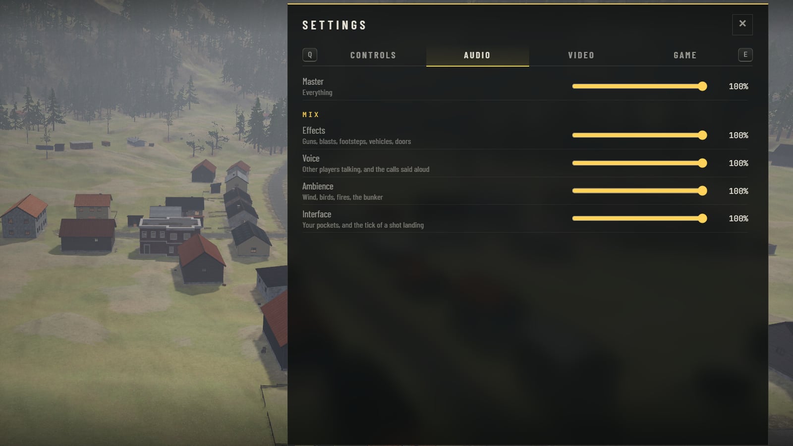 The Audio page: a slider called Master at 100%, and under the heading Mix four more, each at 100%. Effects: guns, blasts, footsteps, vehicles, doors. Voice: other players talking, and the calls said aloud. Ambience: wind, birds, fires, the bunker. Interface: your pockets, and the tick of a shot landing