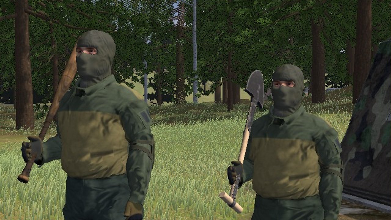 Two survivors side by side, one with a baseball bat and one with a shovel, each carried back over the right shoulder