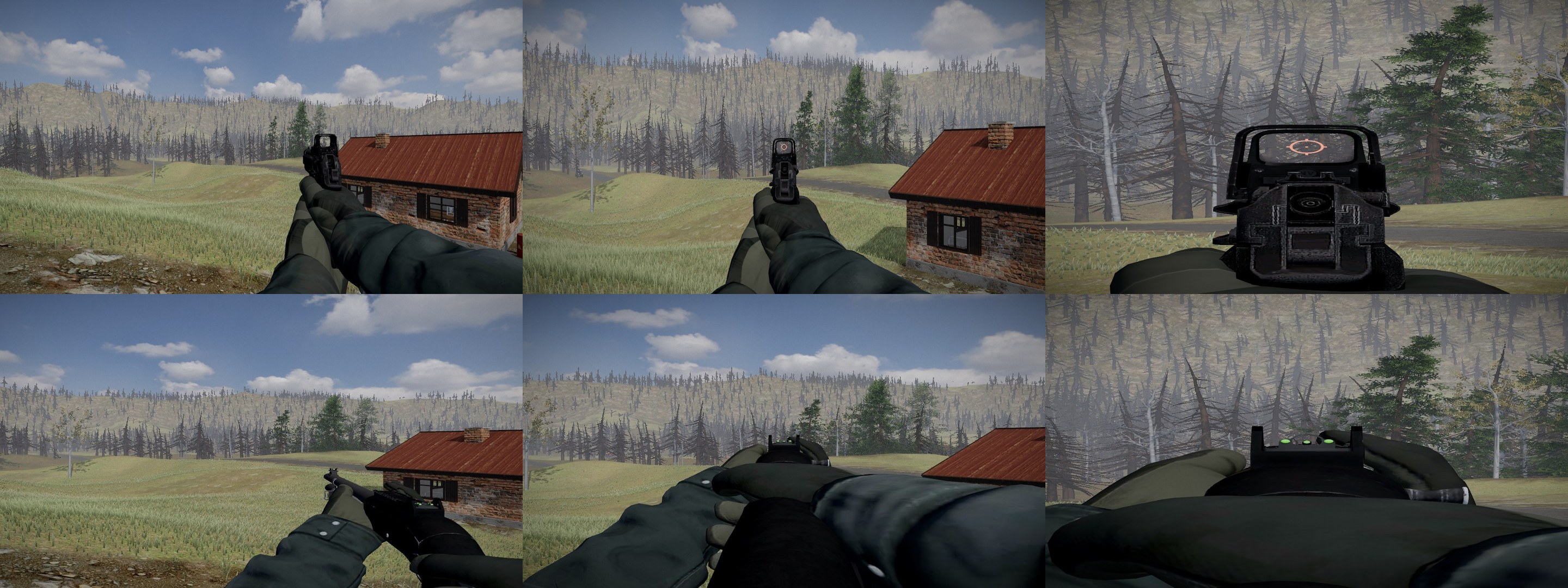 Looking through the holographic sight on the shotgun and a pistol, and down the shotgun's own sights