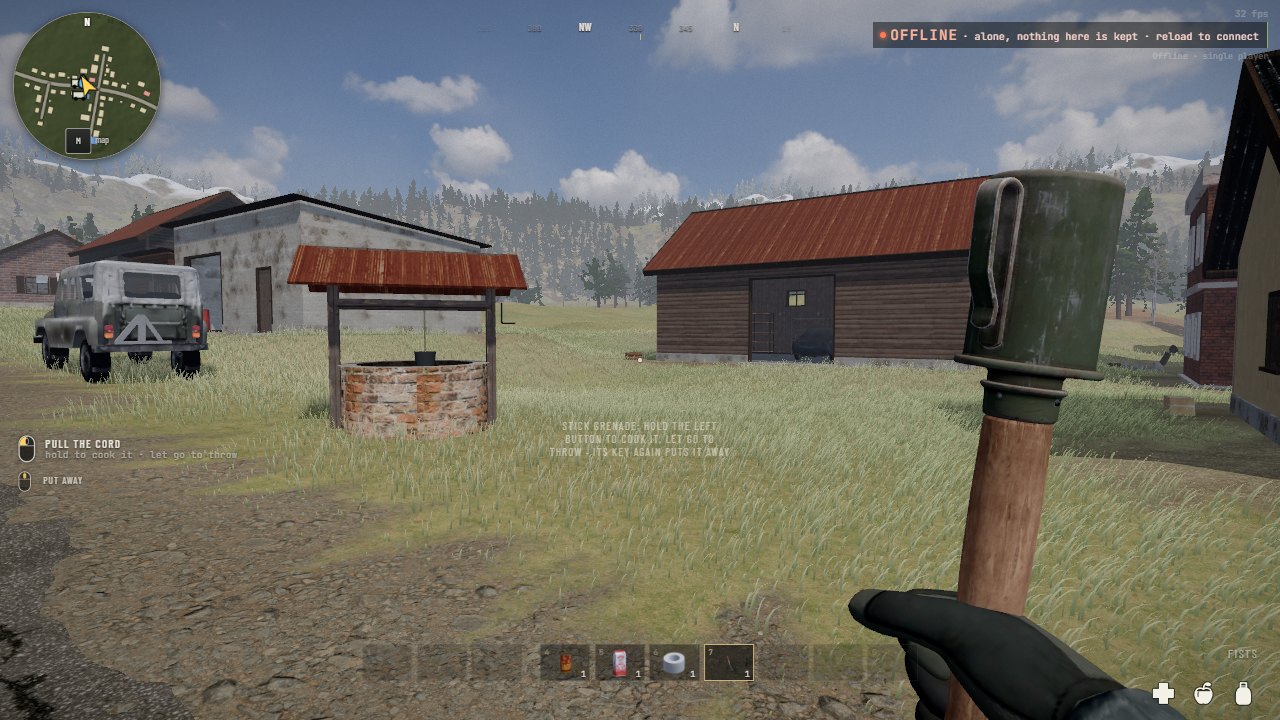 A stick grenade held in the right hand by the end of its wooden handle, head up, like a club
