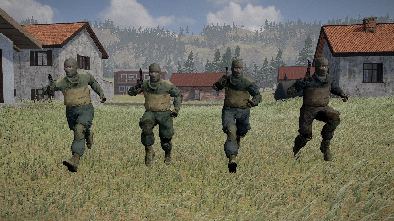 Two survivors running toward the camera, each carrying a pistol muzzle up in one hand beside the shoulder