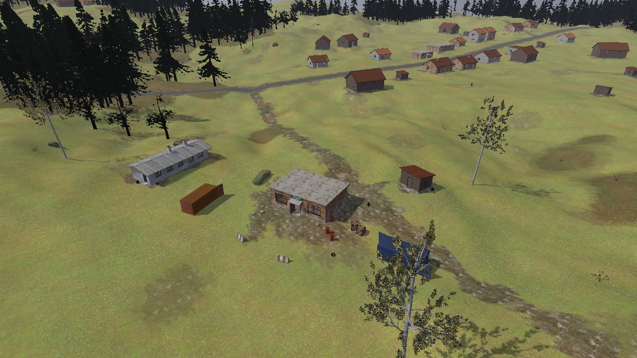 The trading post from above: a shop, a shed, two containers and a long hut in a meadow