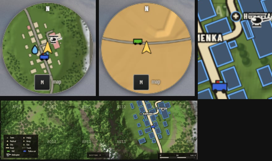The corner map and the big map with a green UAZ, a blue police car and a black helicopter marked, and the legend naming each