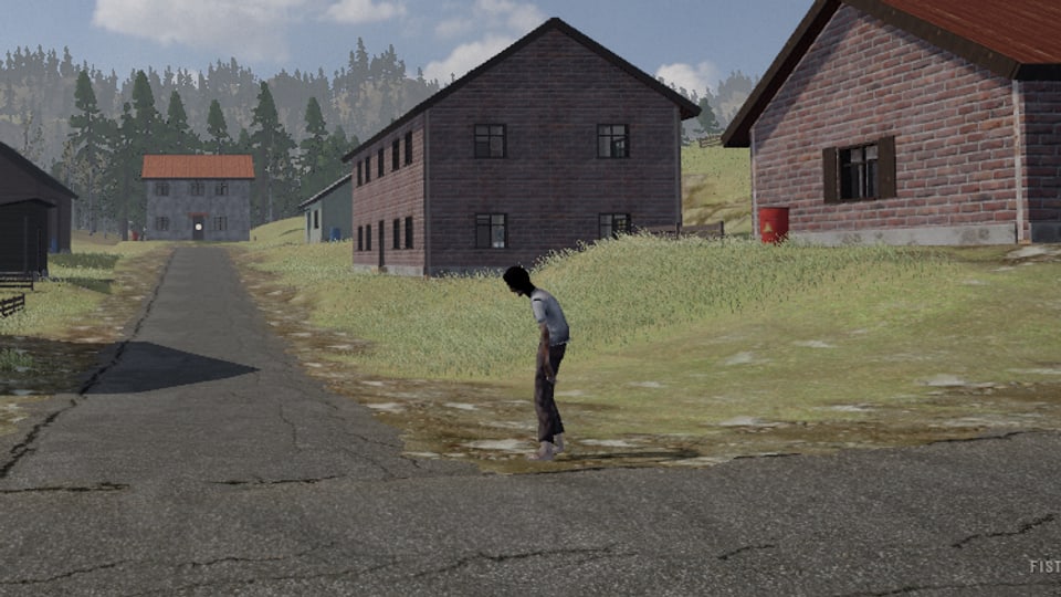 Looking down a side street of the village: a block of flats of two floors in dark brick on the right, a house in red brick beyond it, a house in orange tiles at the head of the street, one of the infected standing in the road