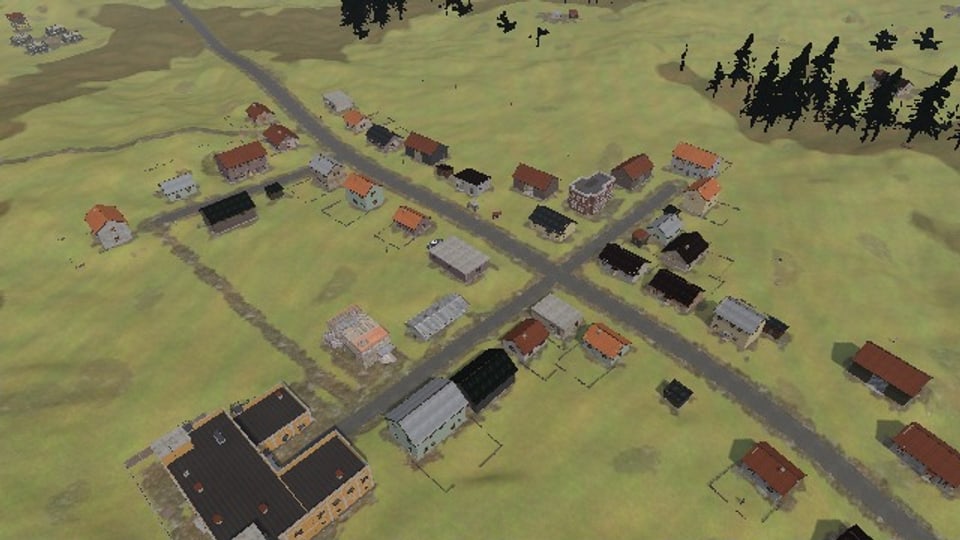 Zelenaya Dolina from the air: the road through it, side streets off it lined with houses each facing its street, yards fenced behind them, the headquarters at the foot of the middle street