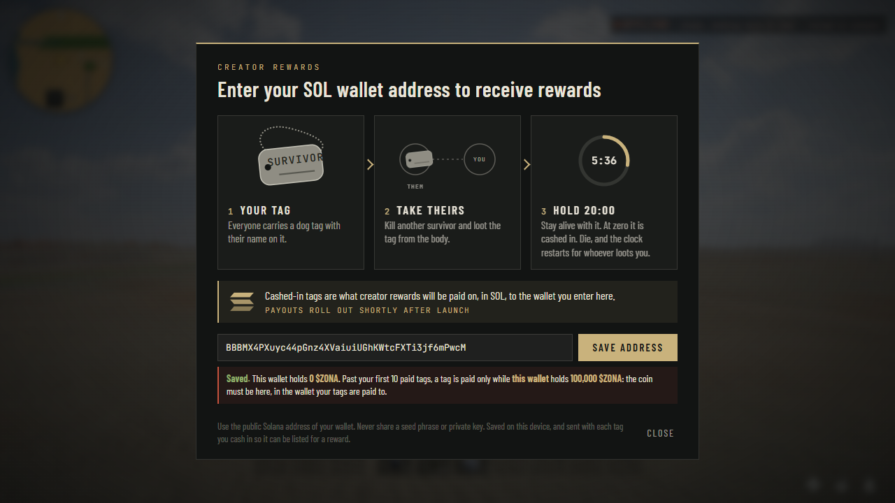 The rewards window with a wallet address entered, and under it: saved; this wallet holds 0 $ZONA; past your first 10 paid tags a tag is paid only while this wallet holds 100,000 $ZONA