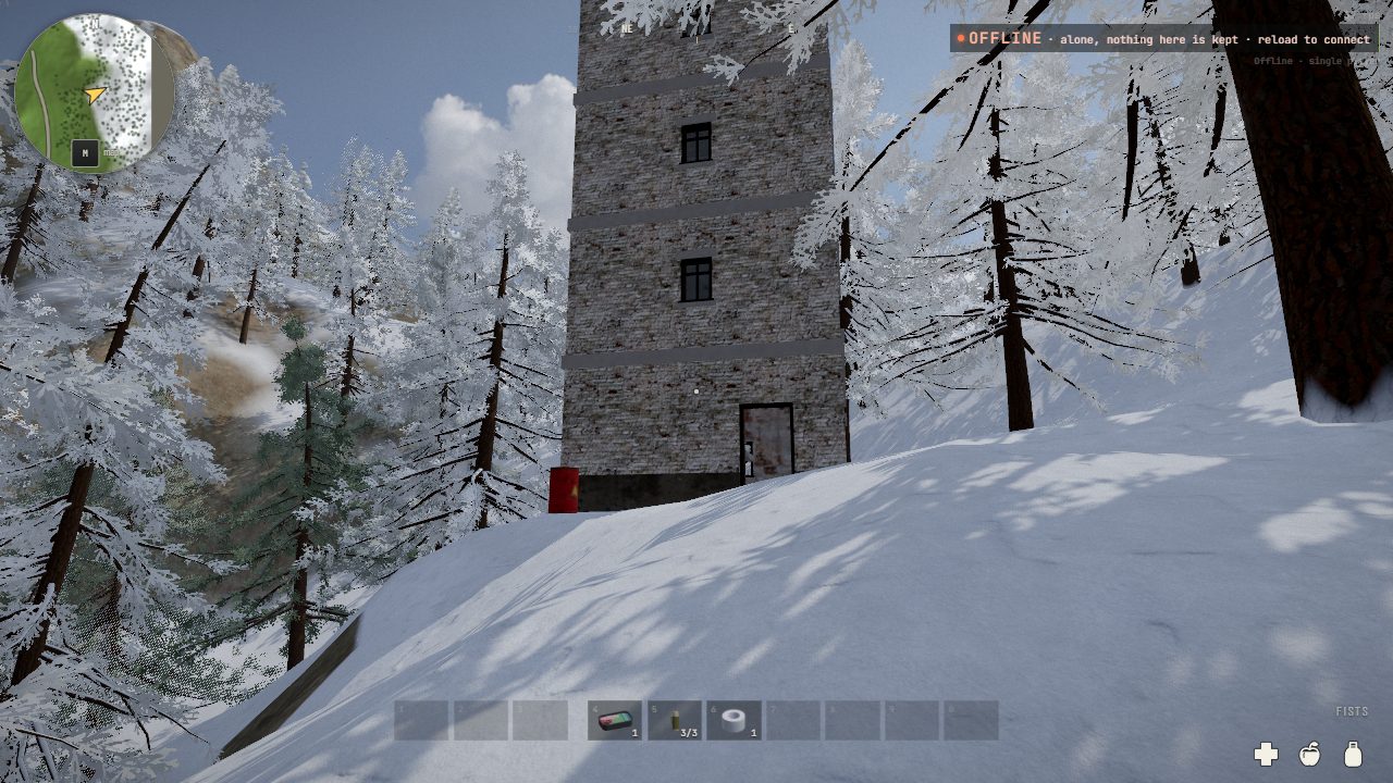 A stone watchtower in the snow among frosted pines
