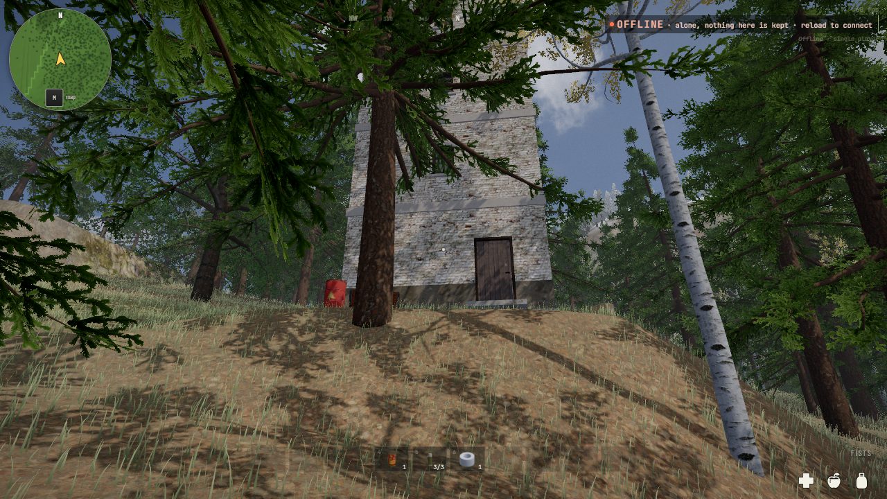 A stone watchtower among pines on a hill, its door at the top of a trodden trail, a red barrel beside it
