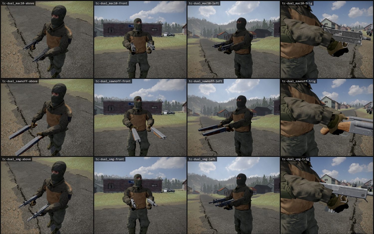 The Dual MAC-10s, the Sawn-Offs and the Dual SMGs held by a player, seen from above, the front, the left and close: one gun in each fist, both pointing ahead