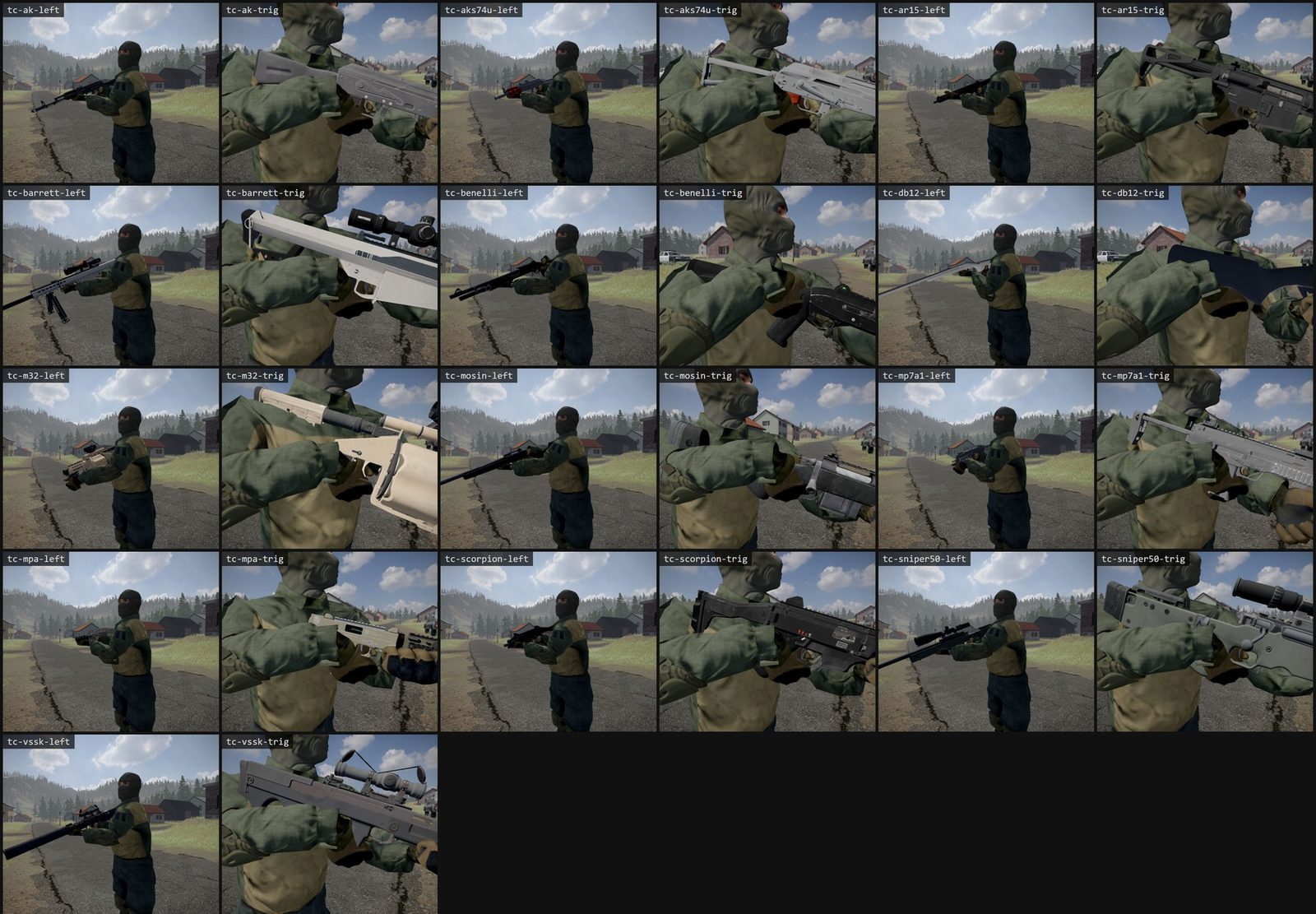Thirteen long guns held, each seen from the front left and close on the gun hand: the forward hand on each gun's fore-end, or on the vertical grip of the M32 and the MP7, and the gun hand on the grip with its finger at the trigger
