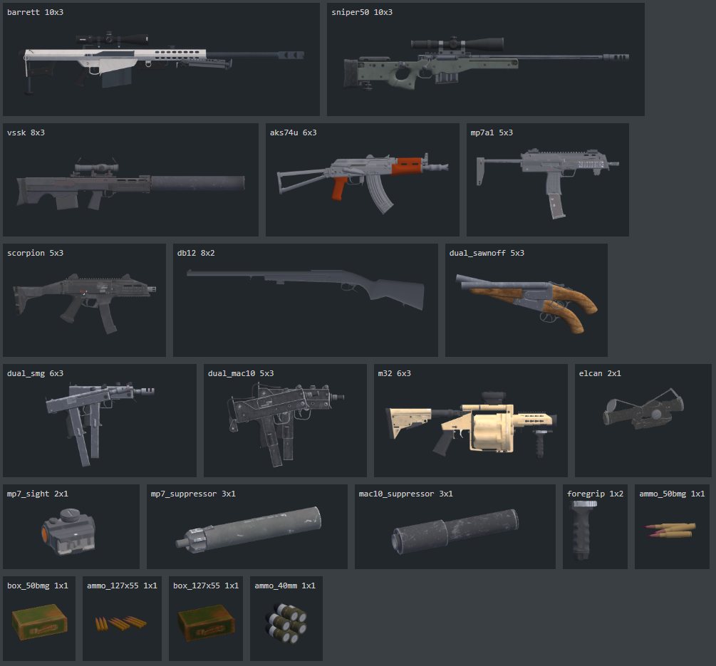 The new guns, attachments and rounds as inventory pictures: the Barrett M82, the .50 sniper rifle, the VSSK, the AKS-74U, the MP7A1, the Scorpion, the double-barrel shotgun, the Sawn-Offs, the Dual SMGs, the Dual MAC-10s, the M32 launcher, the Elcan sight, the MP7 sight and suppressor, the MAC-10 suppressor, the foregrip, .50 BMG rounds and their can, 12.7x55 rounds and their can, and 40 mm grenades