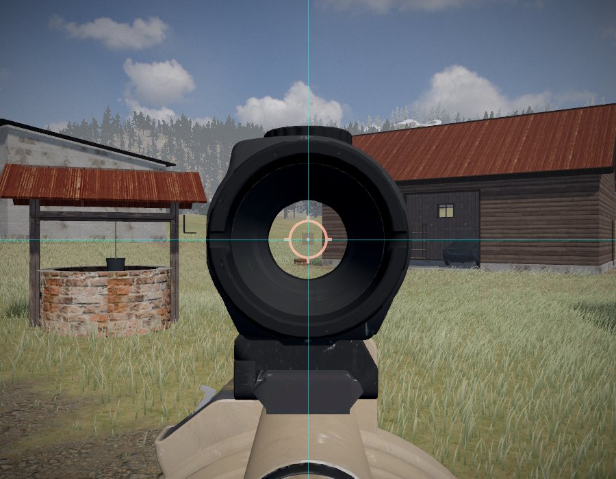 The M32 aimed: its holographic sight's tube round the mark in the middle of the view, the launcher below it