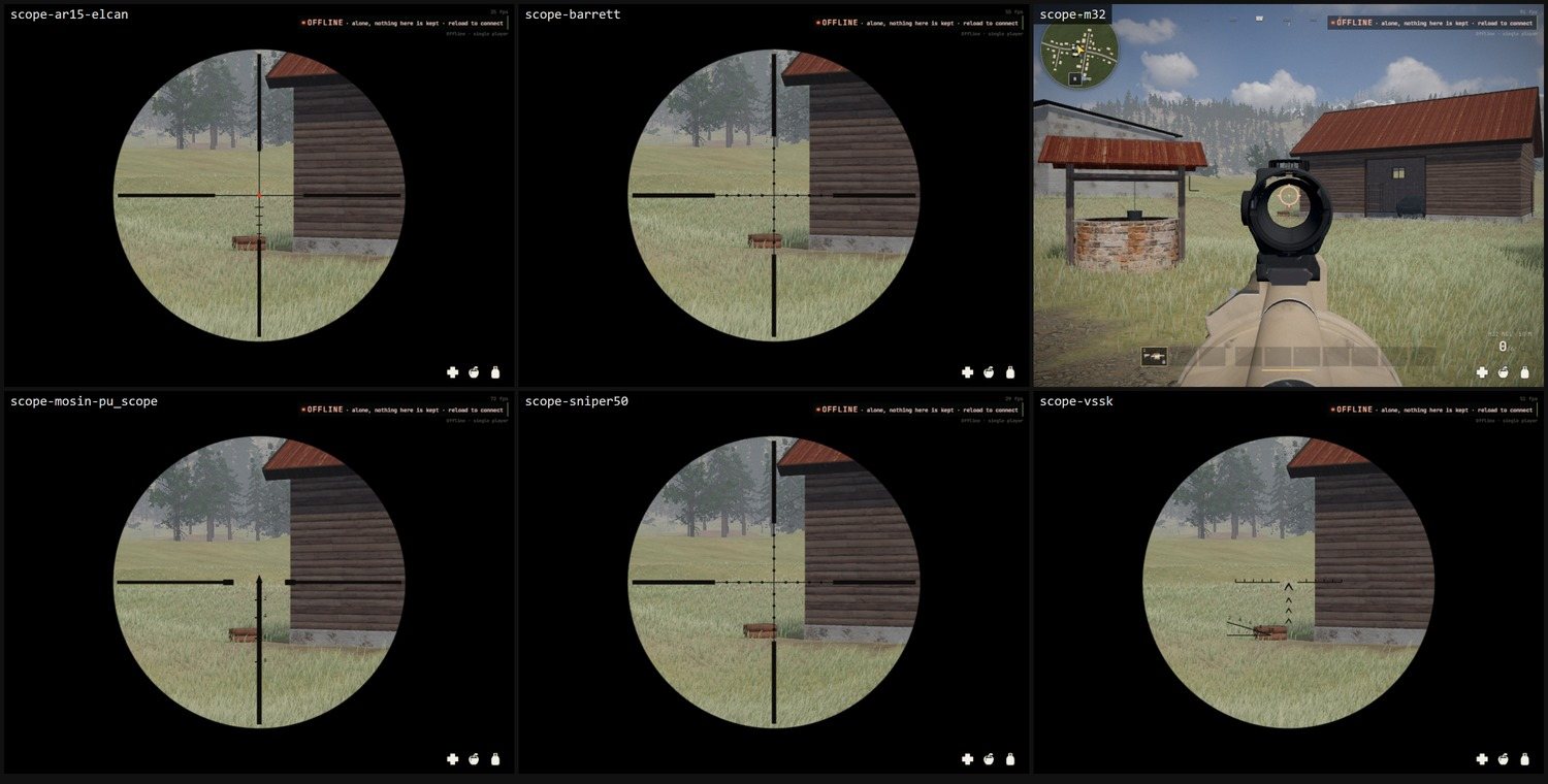 Six aimed views: the Elcan's lit cross, the Barrett's and the .50's mil-dot crosshairs, the Mosin's PU scope, the VSSK's PSO-style chevrons, and the M32 aimed through its own holographic sight