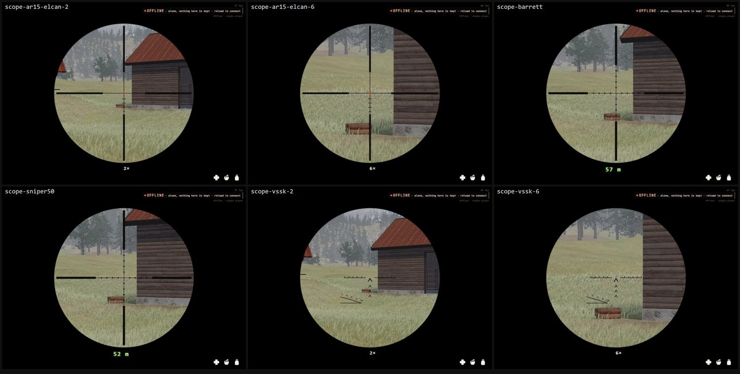 Six views through scopes: the AR-15's Elcan at 2x and at 6x, the Barrett's scope reading 57 m under its ring, the .50 sniper rifle's reading 52 m, and the VSSK's at 2x and at 6x