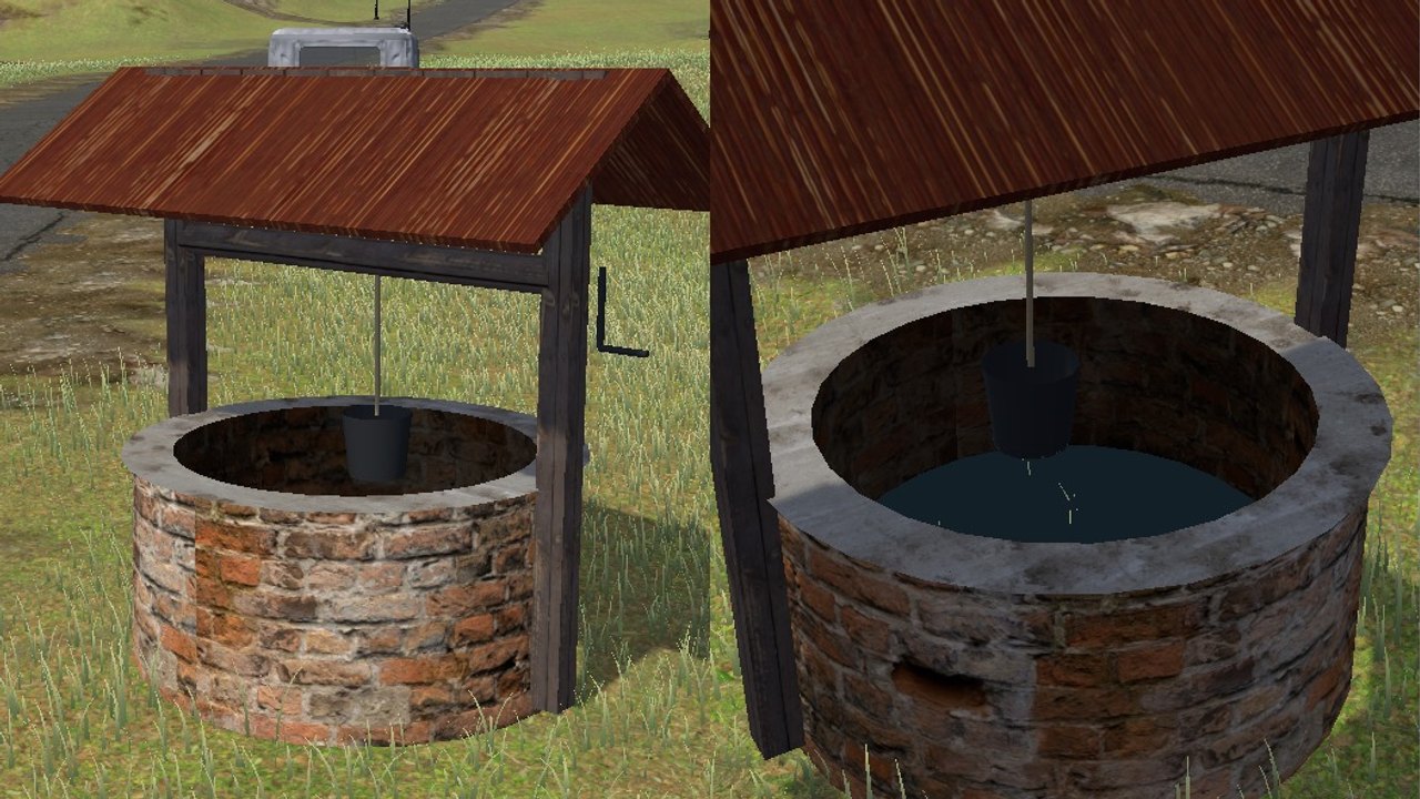 A brick well under a tiled roof, with a bucket on a rope and water in it