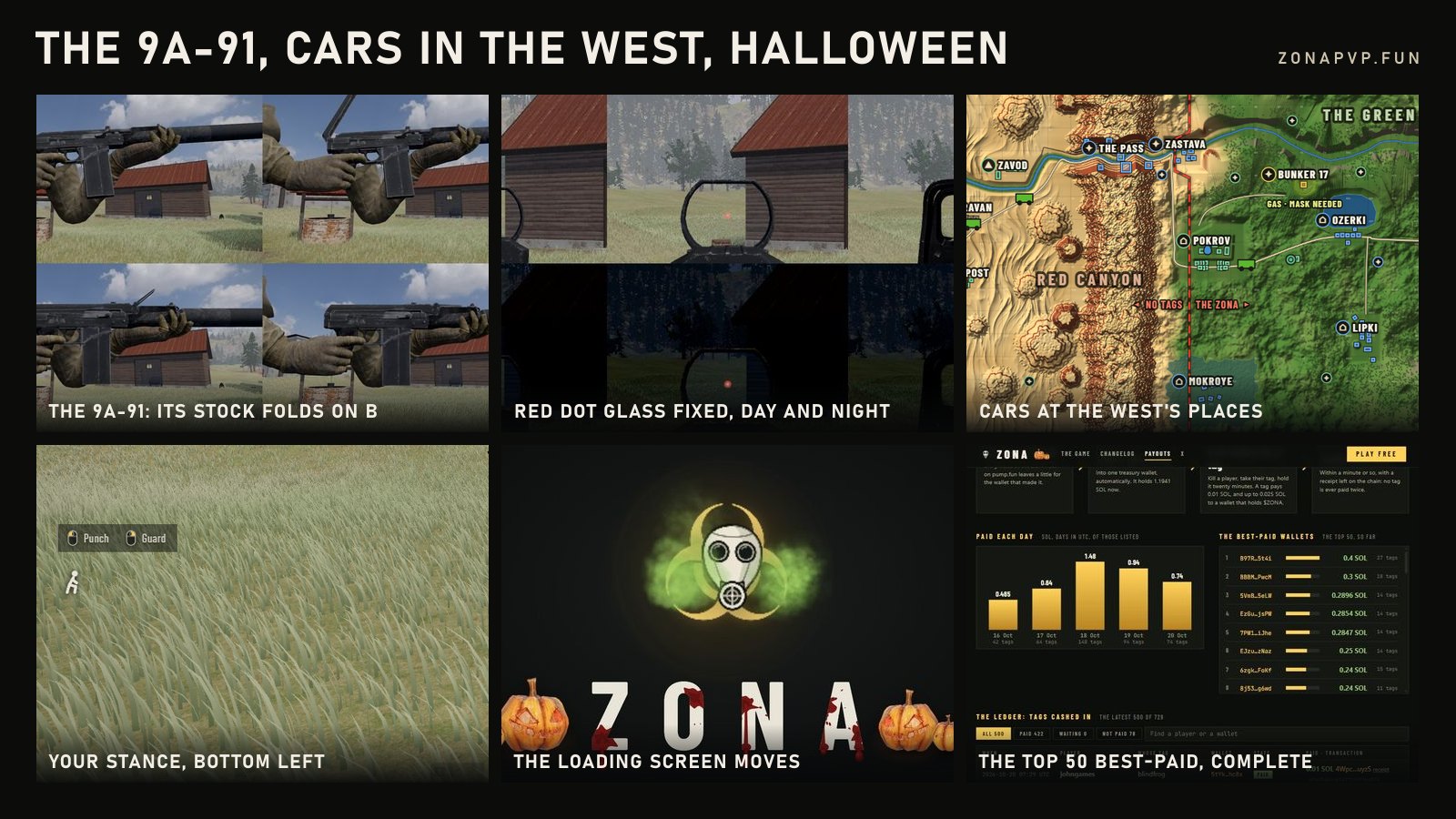 Six pictures: the 9A-91 in the hands with its stock open and folded; a red dot sight by day and by night; the big map with cars at the west's places; the crouched figure in the bottom-left corner; the loading screen's mark puffing green gas over the bloodied ZONA letters with pumpkins; the payouts page's top 50 best-paid wallets.