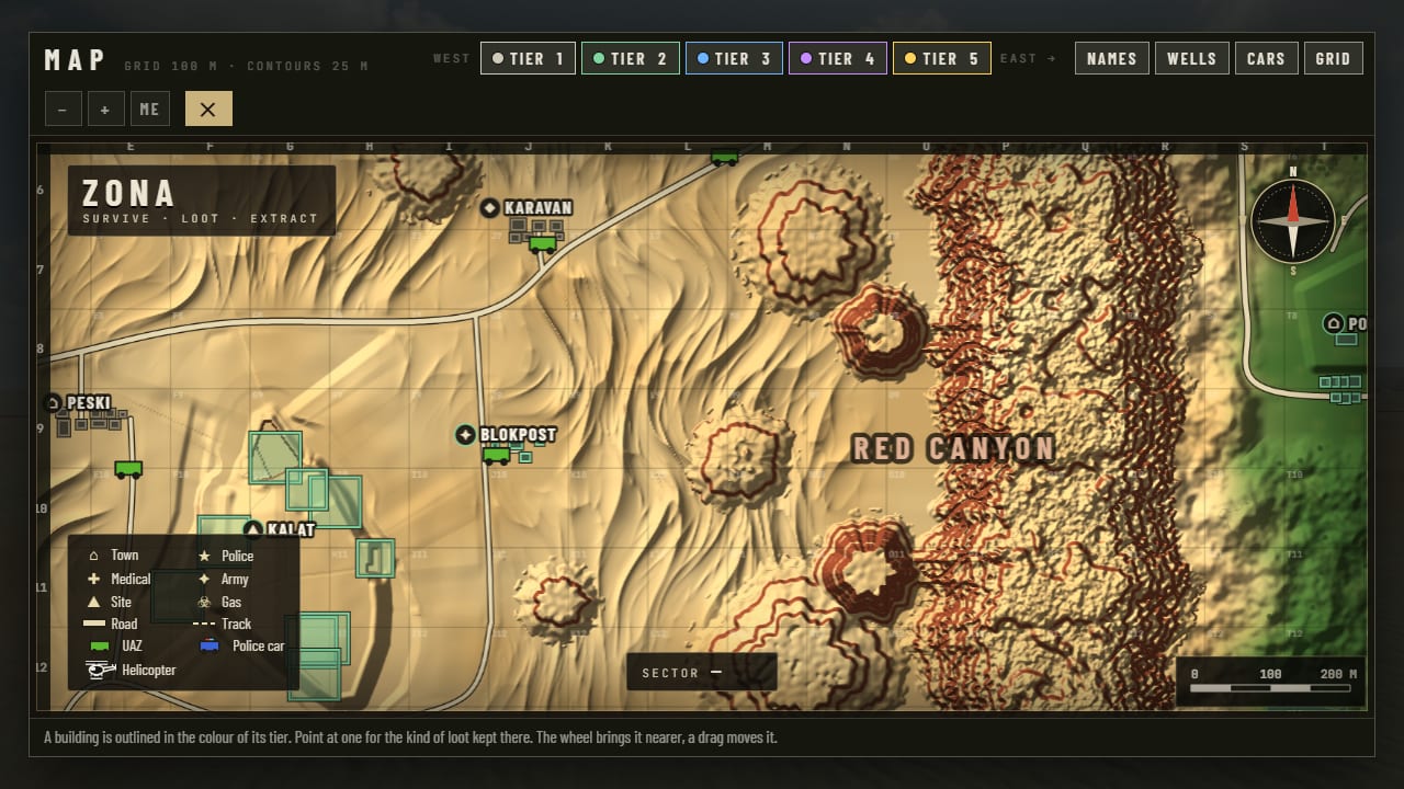 The map of the desert with a green UAZ mark by the road at Karavan, Blokpost, Peski and on the main road, and the legend naming the UAZ, the police car and the helicopter