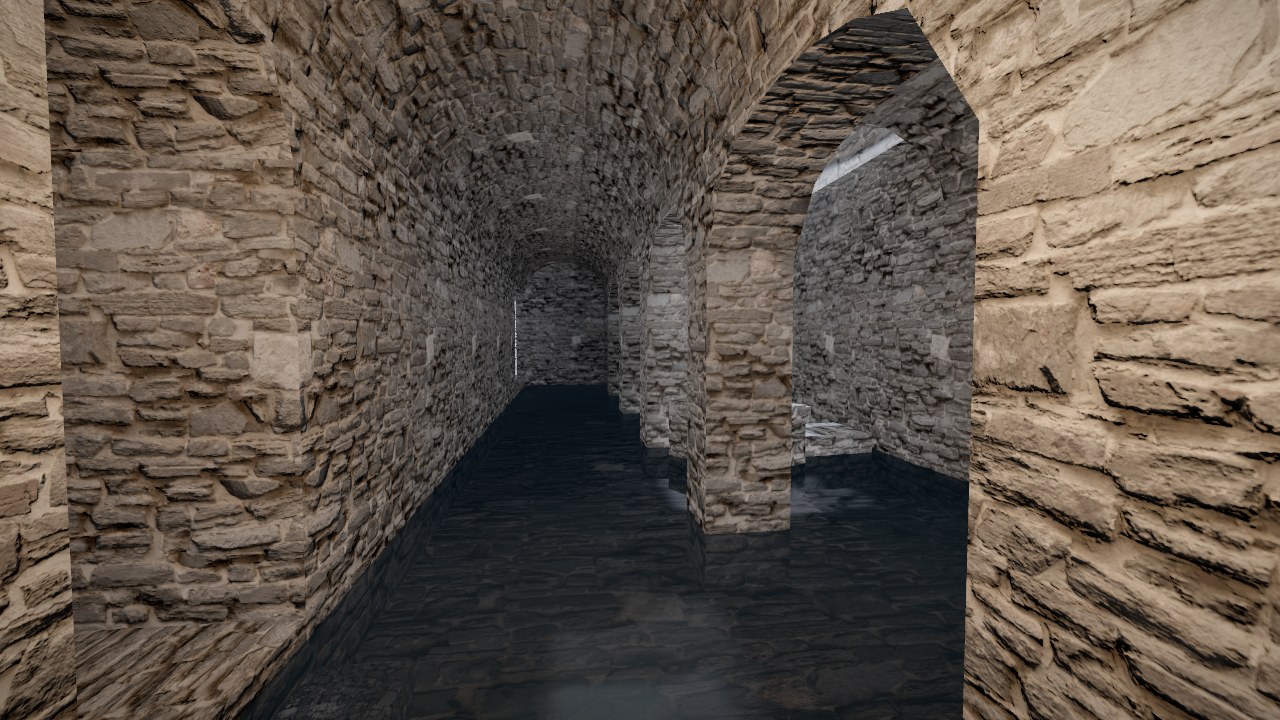 A long stone vault with dark water over its floor and a row of arches down one side, daylight at its far end