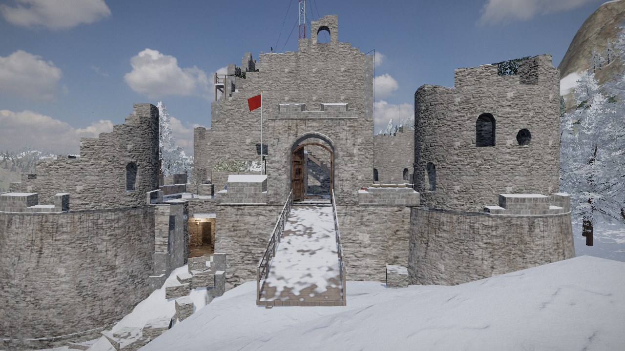The front of a stone fort under snow, seen from the hillside before it: a timber ramp with handrails climbing to an arched gate with its door open, a square keep behind with a red flag and a radio mast, a round tower on each side with windows knocked through, snow on every ledge and frosted pines to the right