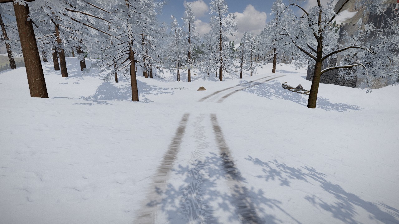 First person in a snowy pinewood: two ragged brown wheel ruts in the snow running ahead between the trees, boot prints between them, a dry-stone wall and a ruined house to the right