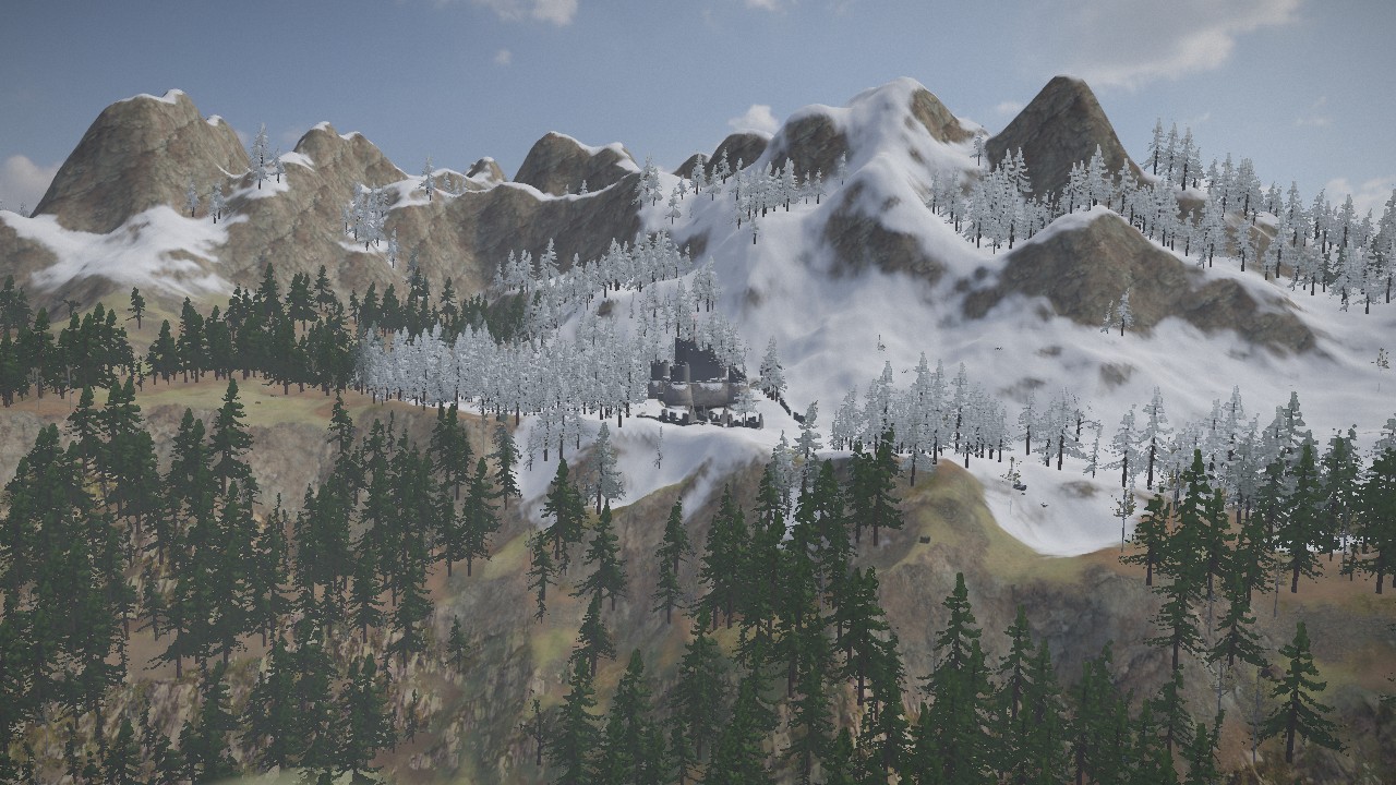 A mountainside seen from across a valley: bare rock peaks with snow on their shoulders, a tongue of snow running down from them to a shelf where a small dark fort stands among white pines, and green pinewood on the steep ground below