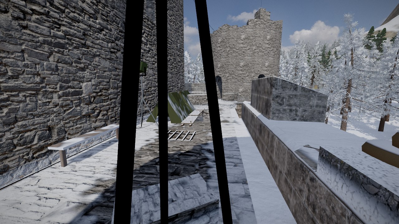 On the fort's terrace: paved stone under patches of snow, a parapet on the right, a bench against the keep's wall on the left, a ladder lying on the paving and a tower beyond