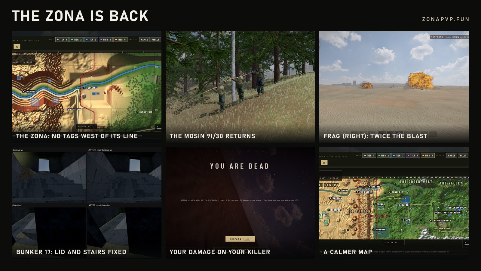 Six pictures: the big map with the Zona's red line bending round Zastava; three players holding the Mosin; a stick grenade's blast beside a frag's twice its size; Bunker 17's stairs before and after; the death screen saying how many times you hit your killer; the calmer big map.