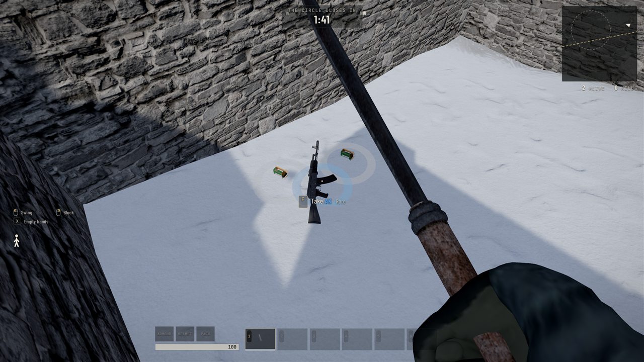 Loot on the snow in ZONA Battle Royale: an AK marked Rare with two boxes of ammo, the circle timer above