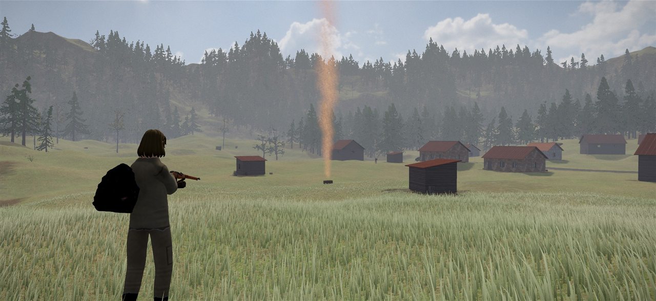 A survivor with a rifle in a meadow watches a supply drop come down beside a village in ZONA